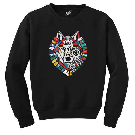 Bayrak Çelenkli Bozkurt Başı Baskılı Siyah Sweatshirt
