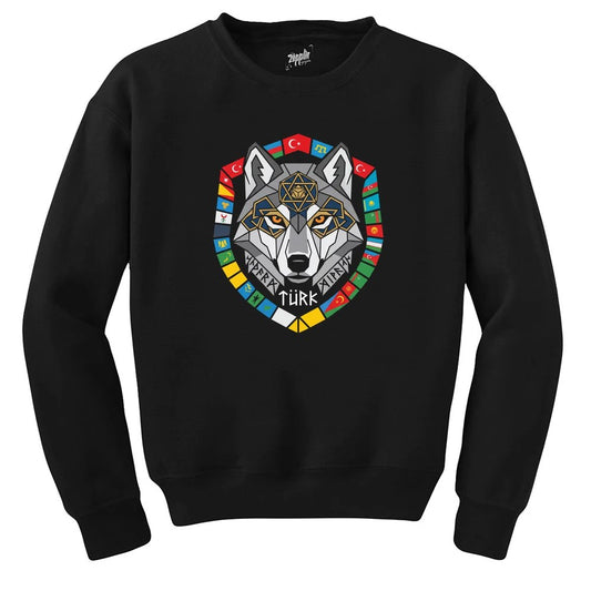 Renkli Bayrak Çerçeveli Gri Kurt Başı Baskılı Siyah Sweatshirt