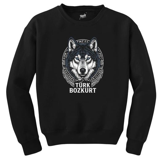 Türk Bozkurt Yazılı Detaylı Kurt Başı Baskılı Siyah Sweatshirt