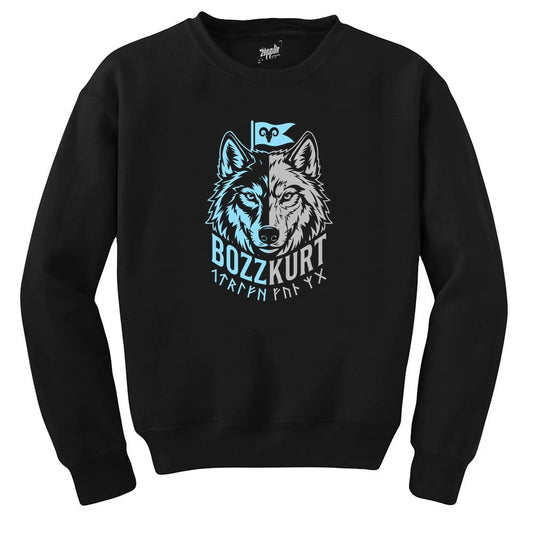 Mavi Beyaz İki Yüzlü Bozkurt Bayraklı Baskılı Siyah Sweatshirt