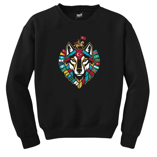 Totem Tarzı Renkli Bozkurt Amblemi Baskılı Siyah Sweatshirt