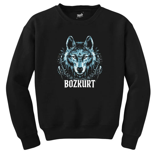 Buz Mavisi Bozkurt Başı Yazılı Baskılı Siyah Sweatshirt