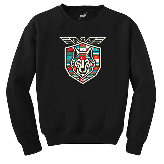 Kanatlı Arma Bayraklı Kalkan Bozkurt Baskılı Siyah Sweatshirt