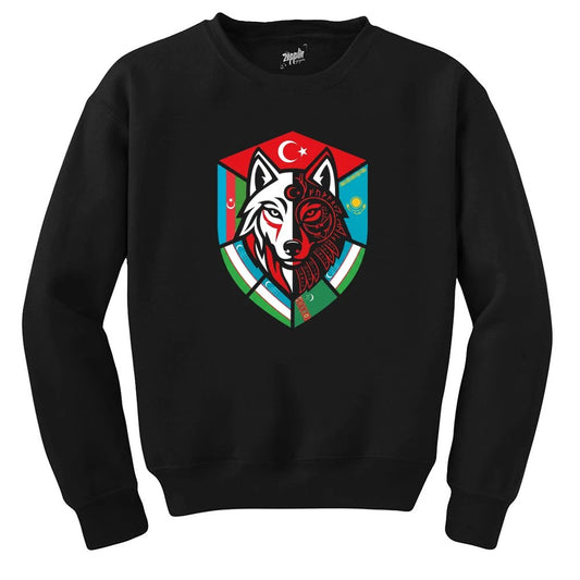 Kardeş Ülke Bayraklı Kalkan Bozkurt Baskılı Siyah Sweatshirt