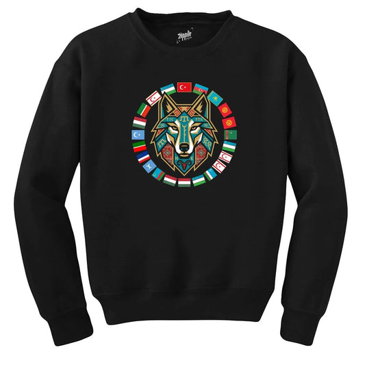Dairesel Bayrak Çemberli Bozkurt Baskılı Siyah Sweatshirt