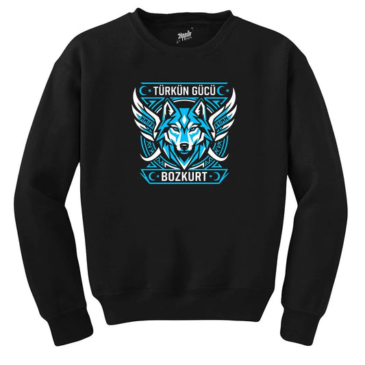 Kanatlı Mavi Bozkurt Türkün Gücü Yazılı Baskılı Siyah Sweatshirt