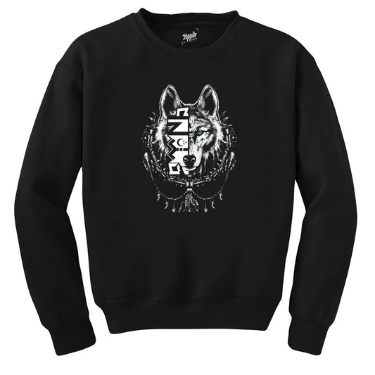 Beyaz Eskiz Tarzı Kurt Başı Baskılı Siyah Sweatshirt