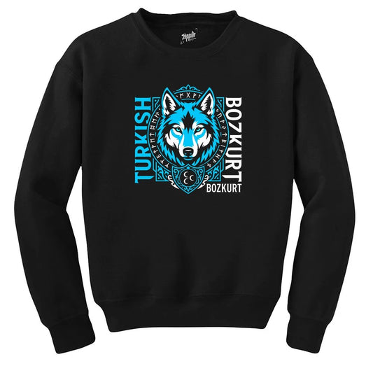 Dikey Turkish Bozkurt Tipografili Mavi Baskılı Siyah Sweatshirt