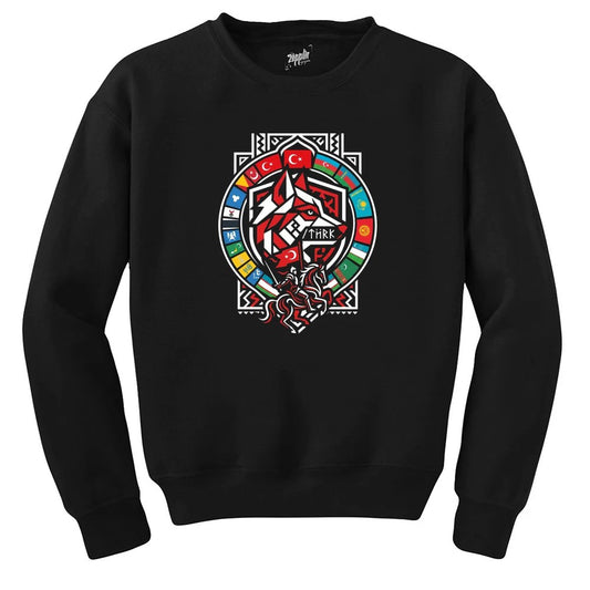 Kırmızı Bayraklı Kalkan Amblem Bozkurt Baskılı Siyah Sweatshirt