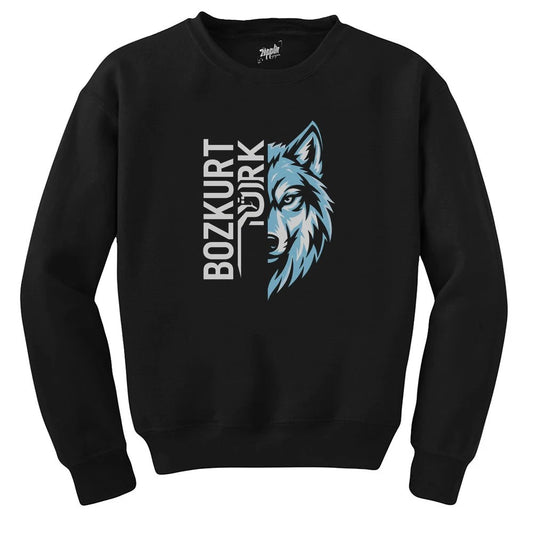 Dikey Bozkurt Türk Yazılı Mavi Kurt Profili Baskılı Siyah Sweatshirt