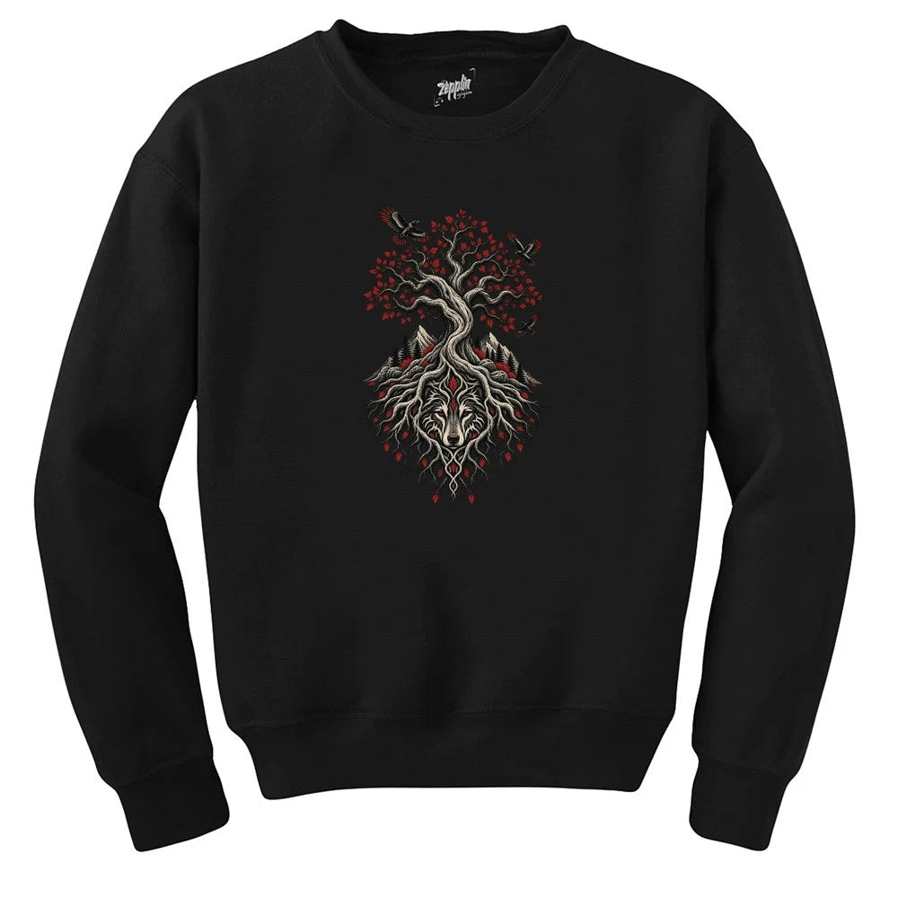 Hayat Ağacı Bozkurt Siyah Sweatshirt