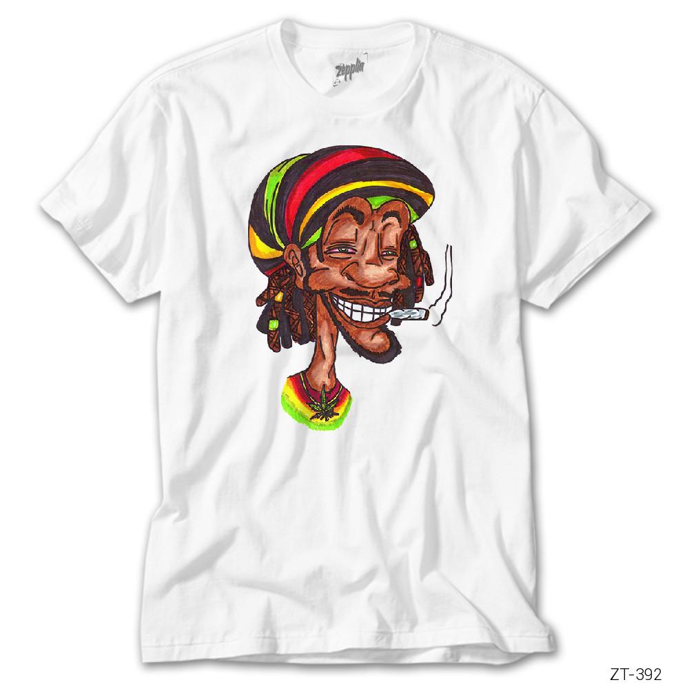 Bob Marley Smoke Cartoon Beyaz Tişört