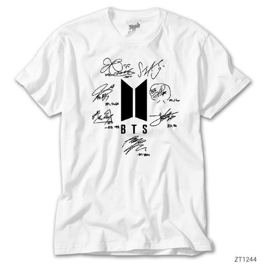 BTS Logo İmzalı Beyaz Tişört