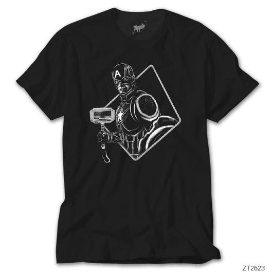 Captain America Mjolnir Black and White Siyah Tişört