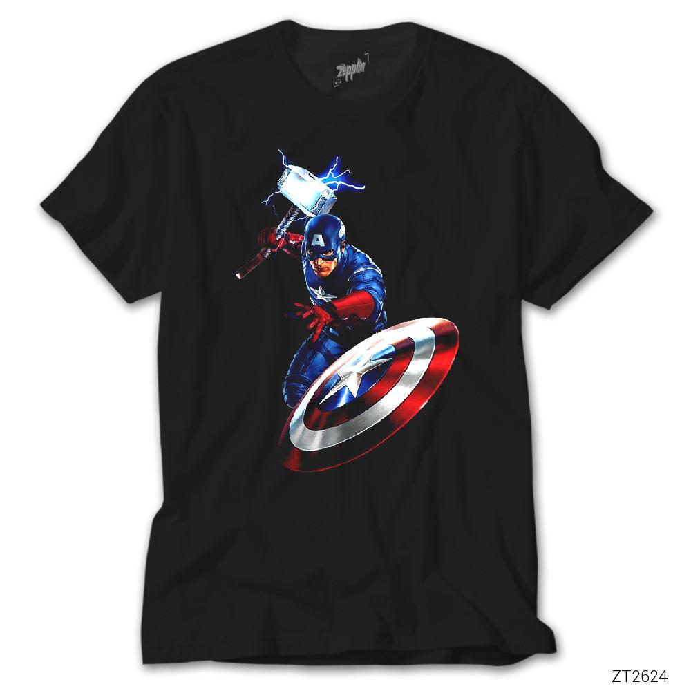 Captain America Mjolnir and Shield Siyah Tişört