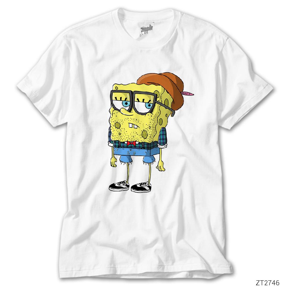 Spongebob Hipster Beyaz Tişört