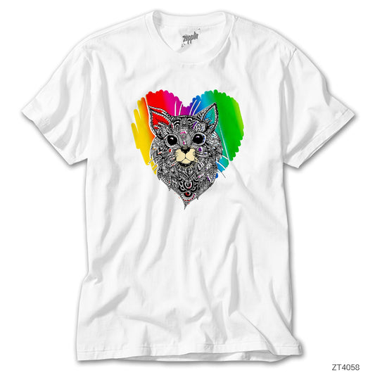 Kedi Gökkuşağı Beyaz Tişört