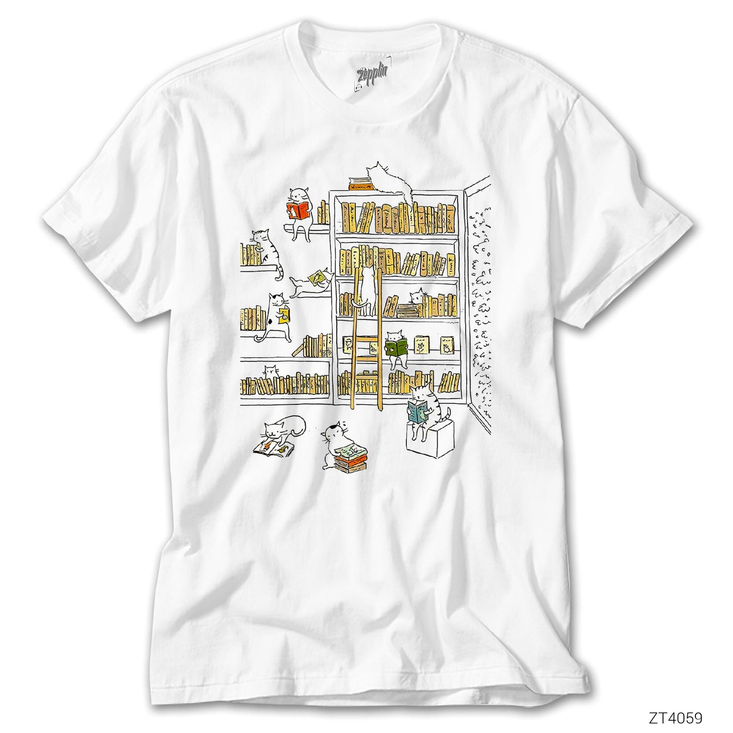 Kediler Kütüphanede Beyaz Tişört