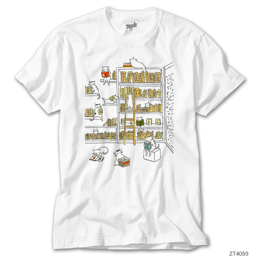 Kediler Kütüphanede Beyaz Tişört