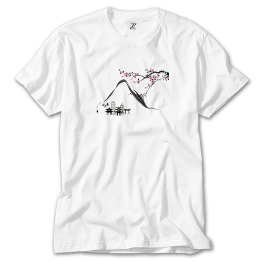 Black Chinese Houses Scenery Beyaz Tişört