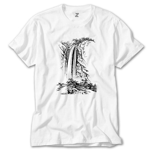 Black Silhouette Of Waterfall Beyaz Tişört