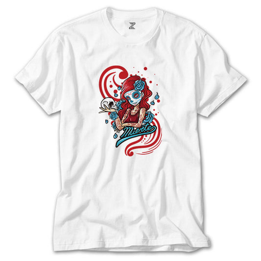 Model Girl With Red Tatto Cartoon Beyaz Tişört