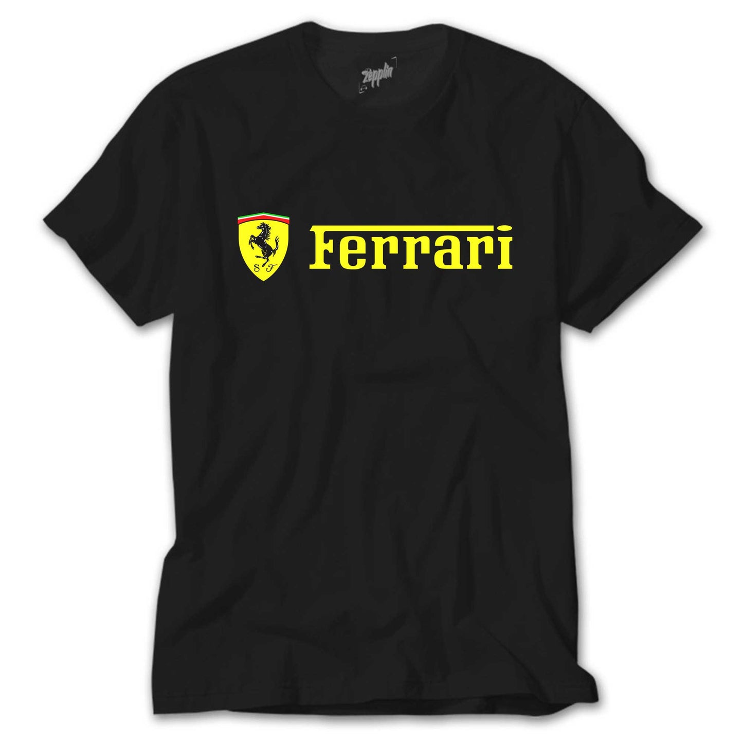 İndirimli Ferrari Logo Gold Text Siyah Tişört