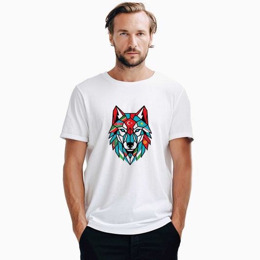 Renkli Geometrik Low Poly Bozkurt Başı Baskılı Beyaz Tişört