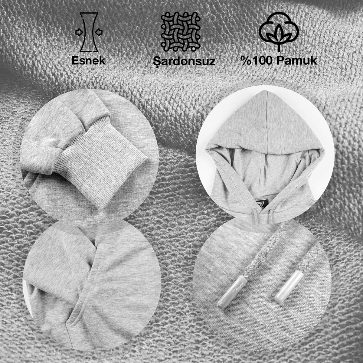 Baskılı Kapşonlu Sweatshirt Gri Toptan