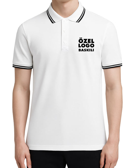 Logo Baskılı Polo Yaka Beyaz Tişört