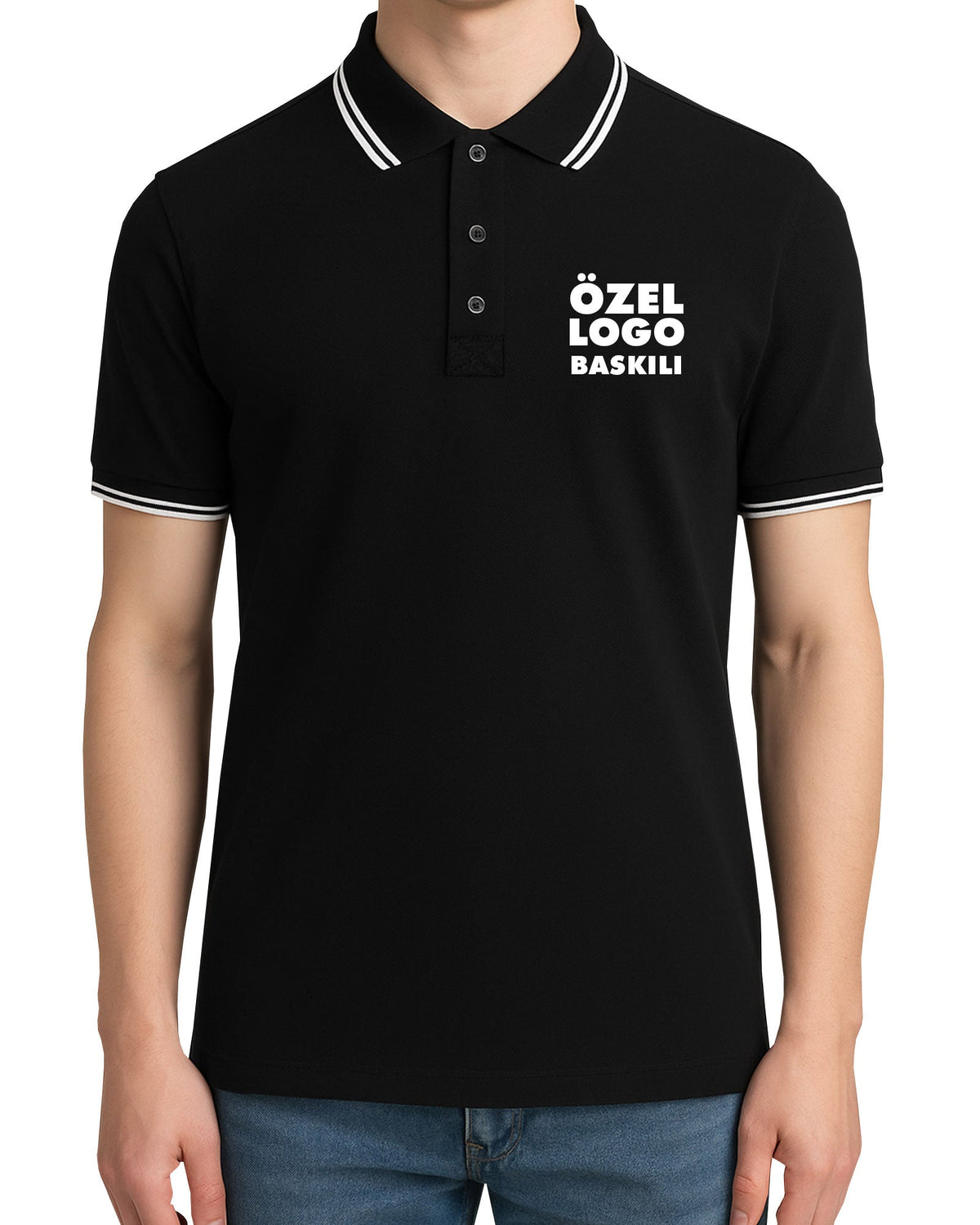 Logo Baskılı Polo Yaka Siyah Tişört