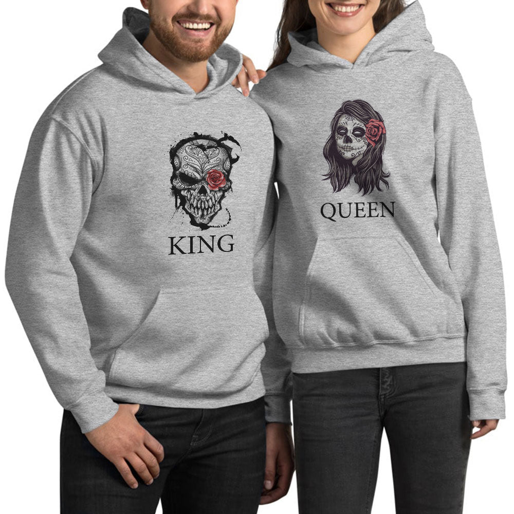 King Queen Kuru Kafa Sevgili Çift Gri Kapşonlu Sweatshirt Hoodie