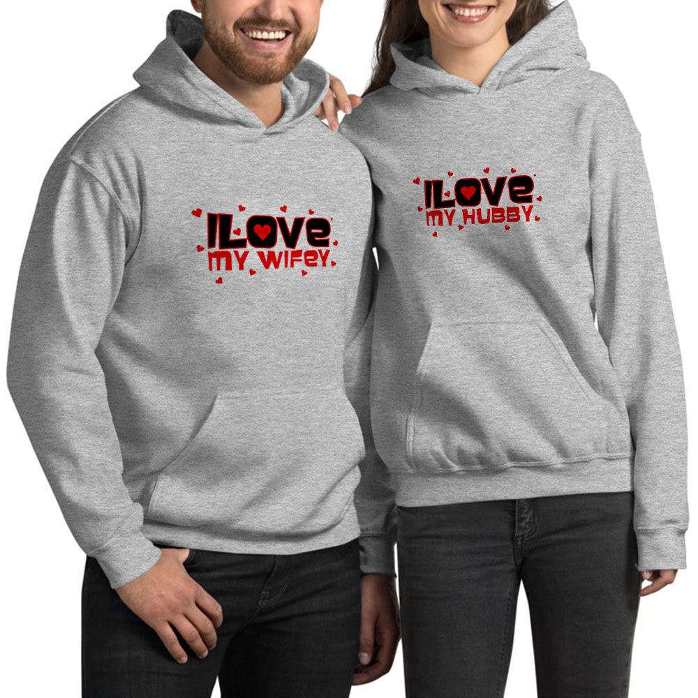 I Love Eş Sevgili Çift Gri Kapşonlu Sweatshirt Hoodie