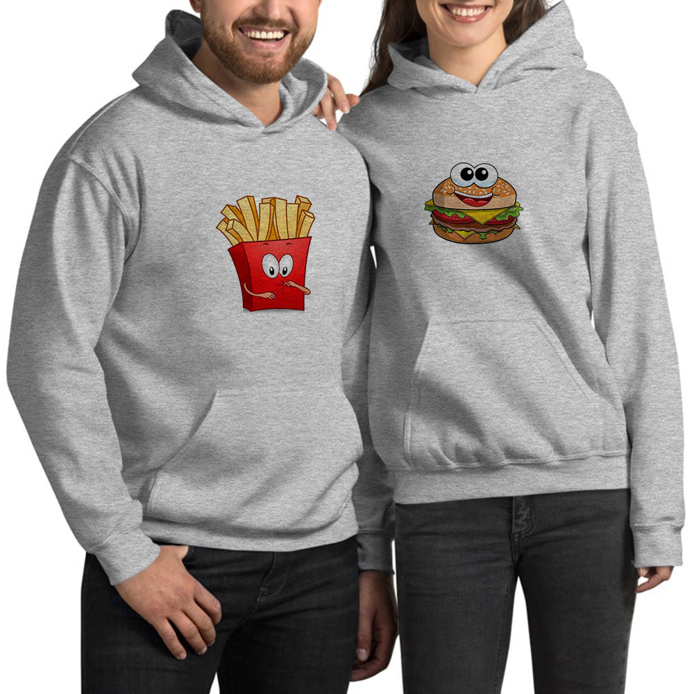 Hamburger Patates Sevgili Çift Gri Kapşonlu Sweatshirt Hoodie