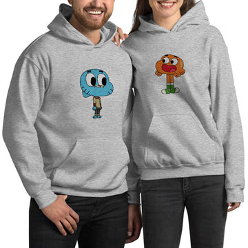 Gumball ve Darwin Sevgili Çift Gri Kapşonlu Sweatshirt Hoodie