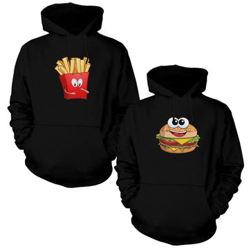 Hamburger Patates Sevgili Çift Siyah Kapşonlu Sweatshirt Hoodie