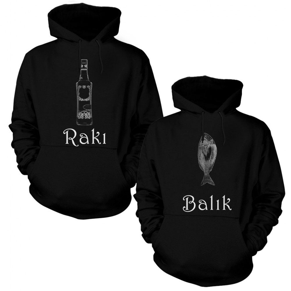 Rakı Balık Sevgili Çift Siyah Kapşonlu Sweatshirt Hoodie