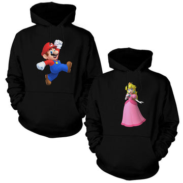 Super Mario ve Prenses Sevgili Çift Siyah Kapşonlu Sweatshirt Hoodie