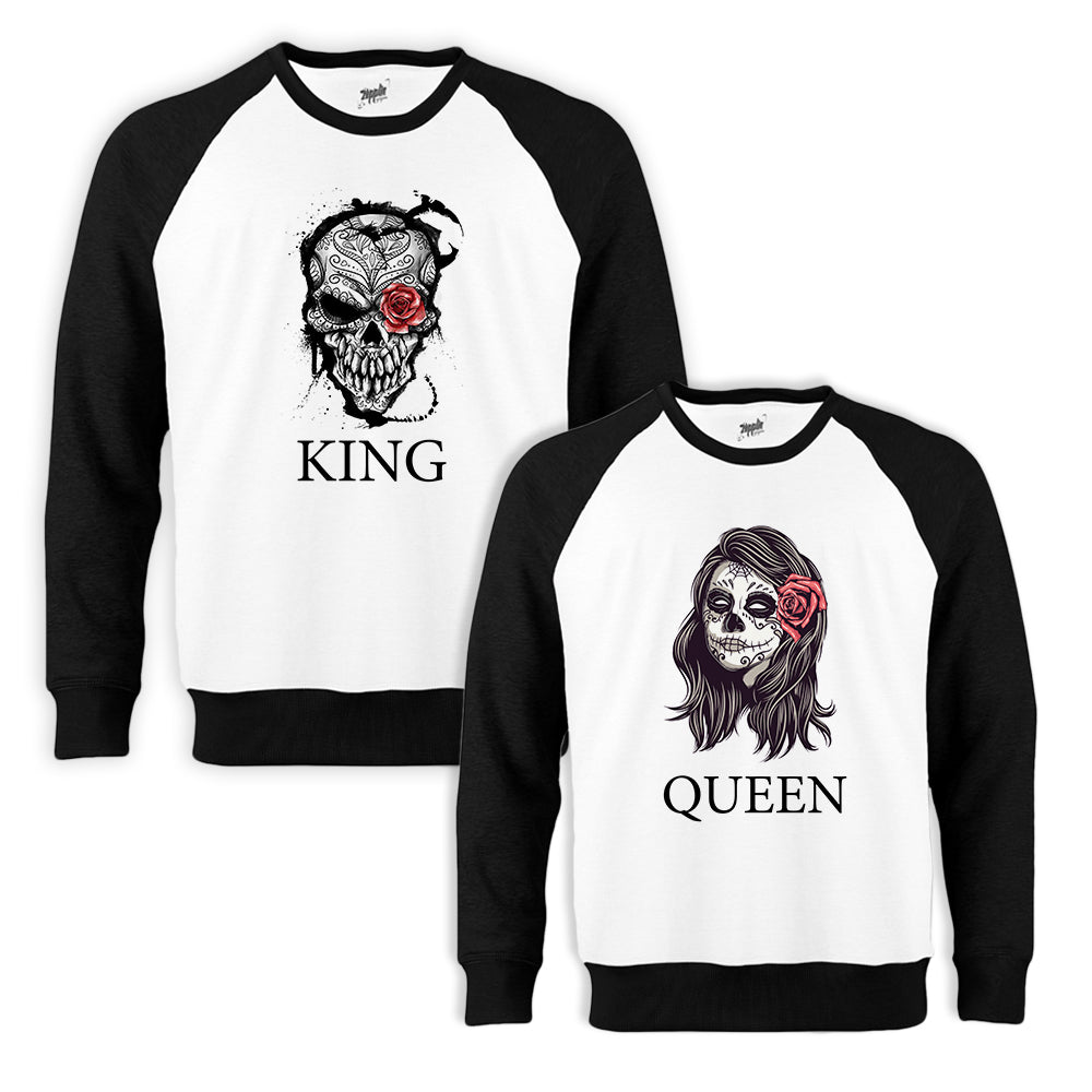 King Queen Kuru Kafa Sevgili Çift Beyaz Reglan Kol Sweatshirt