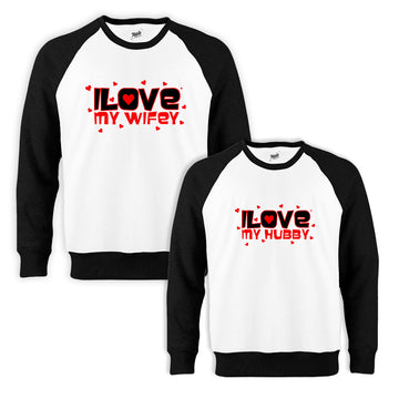I Love Eş Sevgili Çift Beyaz Reglan Kol Sweatshirt