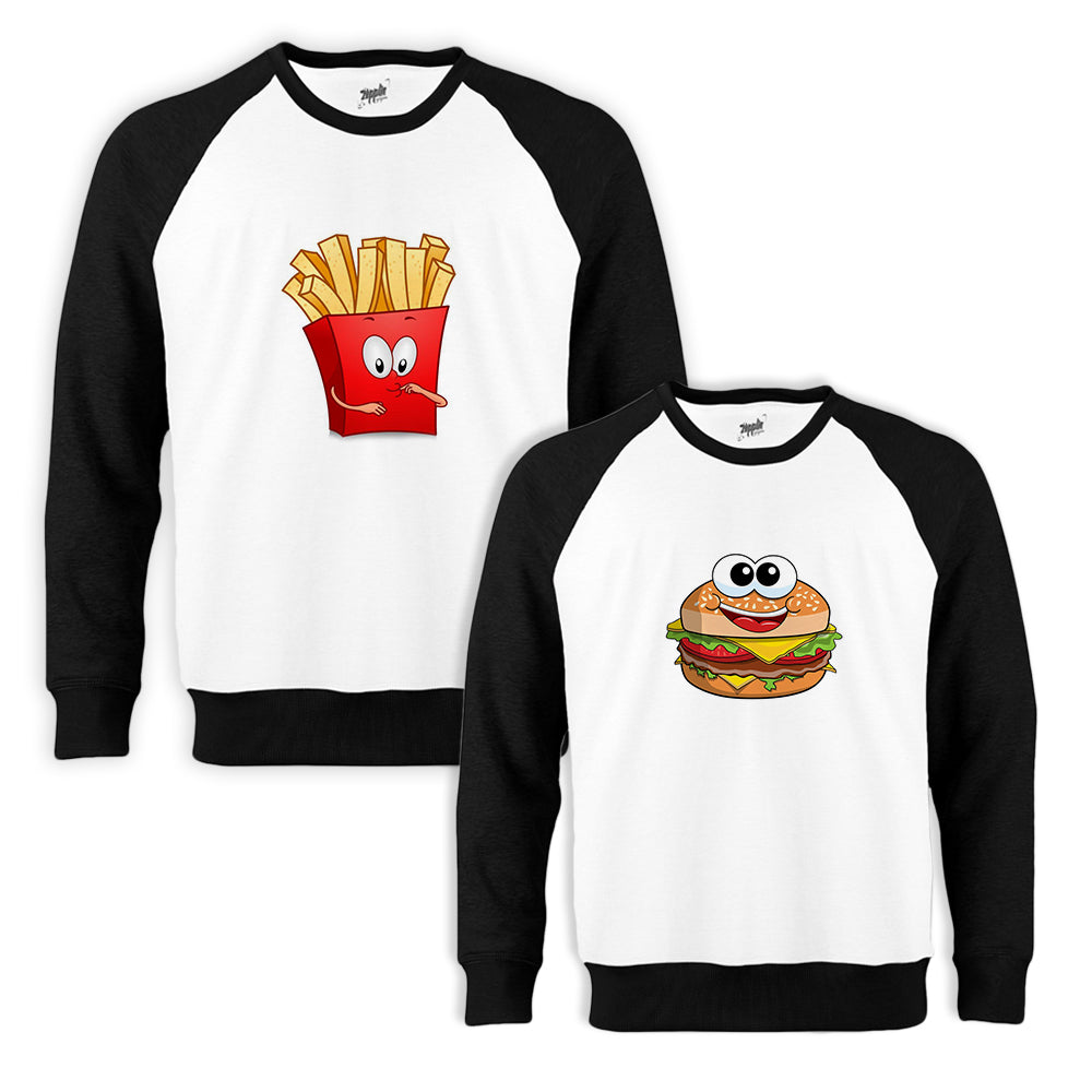 Hamburger Patates Sevgili Çift Beyaz Reglan Kol Sweatshirt