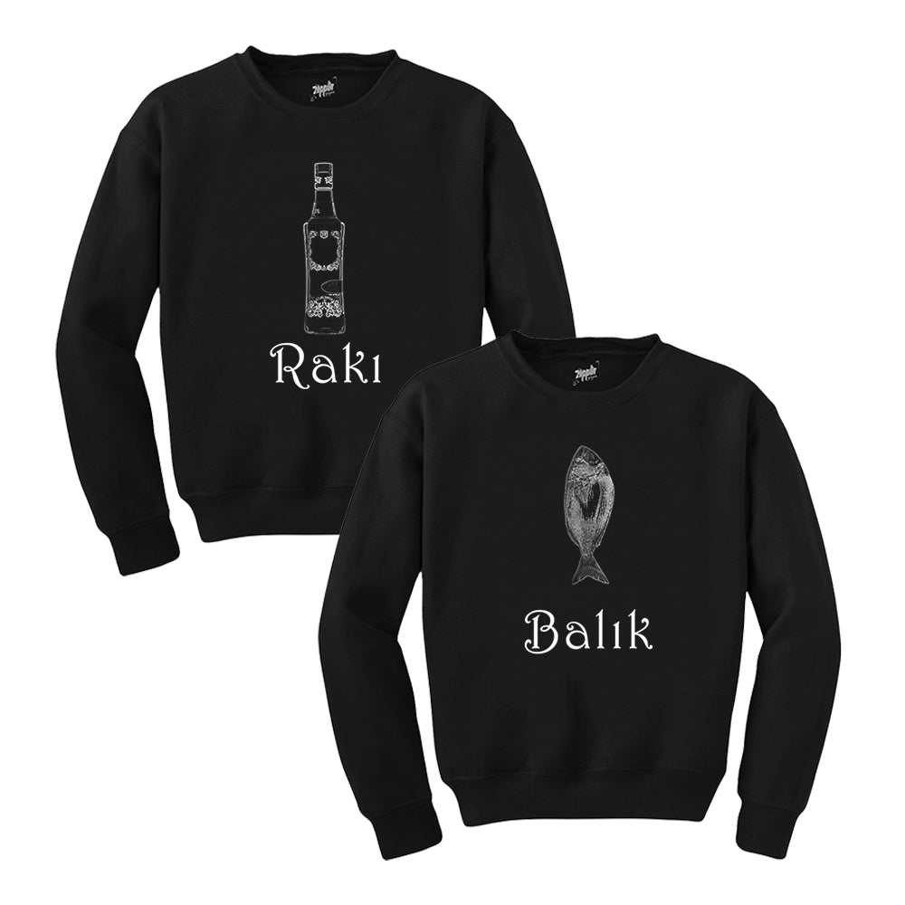 Rakı Balık Sevgili Çift Siyah Sweatshirt