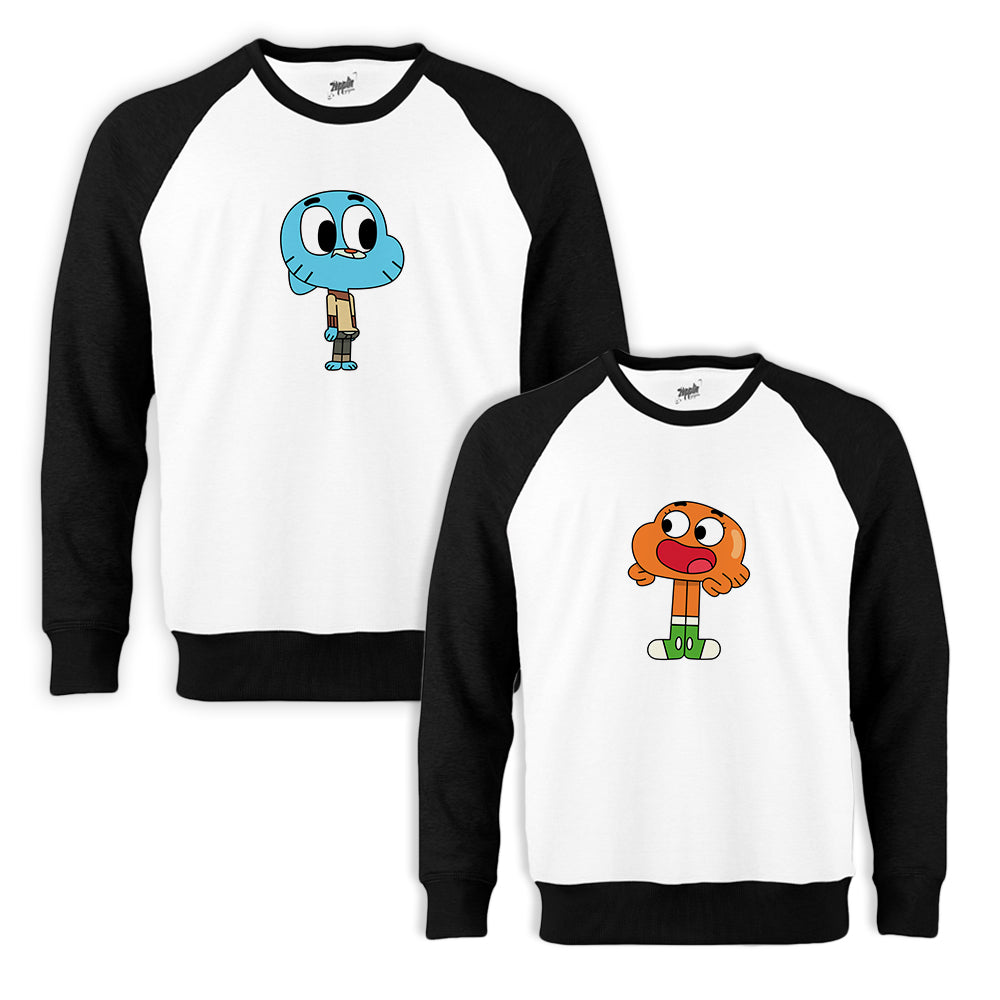 Gumball ve Darwin Sevgili Çift Beyaz Reglan Kol Sweatshirt