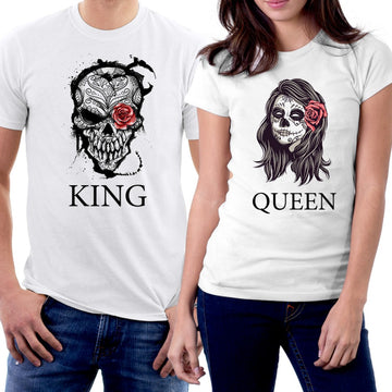 King Queen Kuru Kafa Sevgili Çift Beyaz Tişörtü
