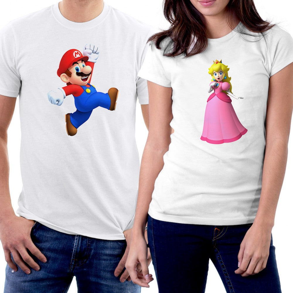 Super Mario ve Prenses Sevgili Çift Beyaz Tişört