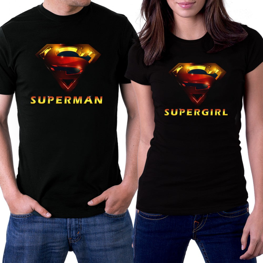 SuperGirl and Man Sevgili Çift Siyah Tişört