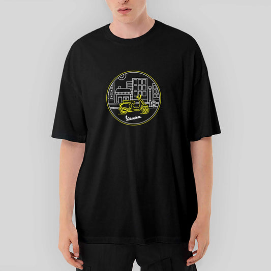 Vespa Tour at City Oversize Siyah Tişört - Zepplingiyim