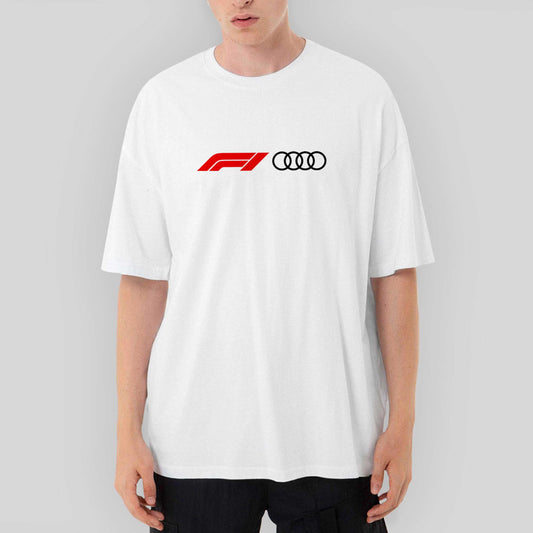 F1 Audi Logo Oversize Beyaz Tişört - Zepplingiyim