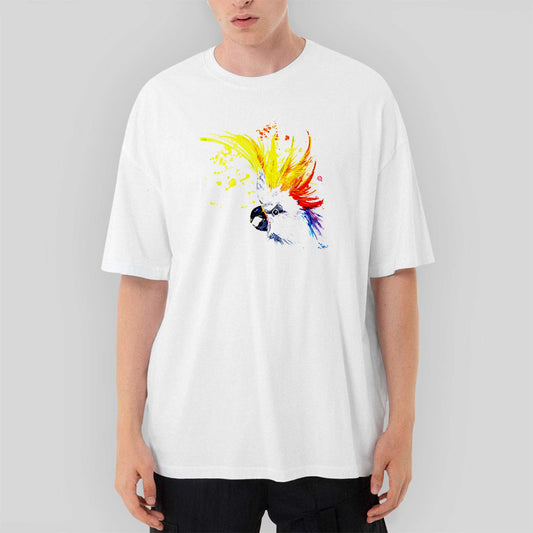 Papağan Sulu Boya Oversize Beyaz Tişört - Zepplingiyim
