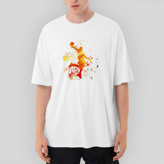Basketball Fire Silhouette Oversize Beyaz Tişört - Zepplingiyim